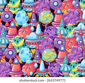 Uma cena vibrante e envolvente mostra planetas imaginativos, foguetes peculiares e figuras alienígenas divertidas cercadas por um ambiente cósmico em cores brilhantes.