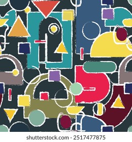 A vibrant and engaging seamless pattern features a playful mix of geometric shapes and abstract figures vibrant and engaging.
