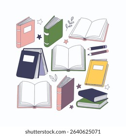 Vibrant and engaging, this vector illustration features a collection of colorful, hand-drawn books and notebooks in a modern flat design. 