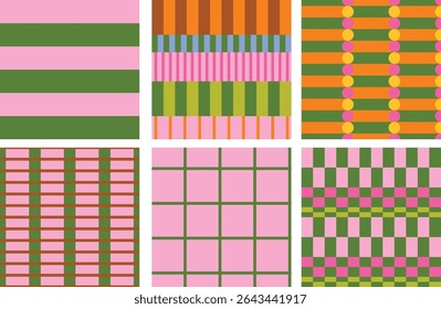 Vibrant engineered stripes and plaid seamless pattern collection. Checkered background, wide stripes geometric designs for fabrics, home decor, stationery, banner, cards etc.