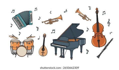A vibrant ensemble of musical instruments fills the air with melodious sounds creating a symphony of joy and celebration