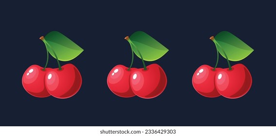 Vibrant And Enticing Cherry Game Icons, Featuring A Juicy Red Berries With A Glossy Finish, Stem and Green Leaf
