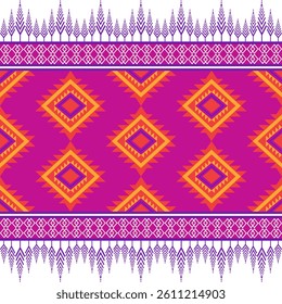 Vibrant Ethnic Diamond Pattern: Magenta and Orange Motifs with Lavender Borders, Tribal Textile Design, Seamless Repeat for Bohemian Decor Cultural Crafts