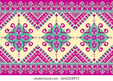 Vibrant ethnic geometric and floral pattern in shades of pink and mint green. Hand-drawn botanical vector design. Ideal for wallpaper, textiles, print, mosaic, curtain, rug, background, wallpaper.