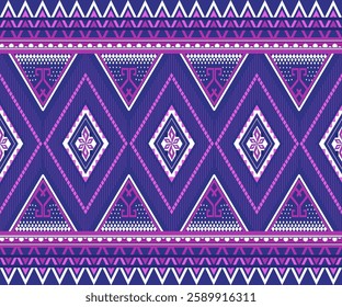  Vibrant Ethnic Geometric Pattern A digital ethnic geometric pattern with bold diamond and triangular shapes in shades of  purple, and pink