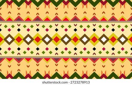 Vibrante patrón geométrico étnico con diamantes tribales y triángulos. Diseño textil tradicional para fondos de arte popular y estampados de tela. 