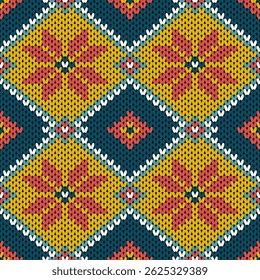 Vibrant ethnic knit-inspired pattern with symmetrical diamonds and bold colors. Perfect for textiles, digital backgrounds, and folk-themed designs.