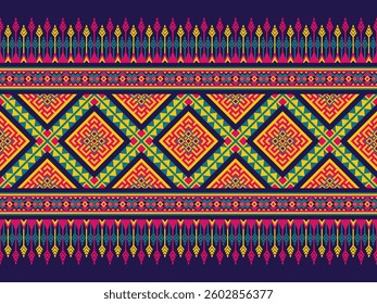 Vibrant ethnic pattern with bold geometric designs in pink, yellow, blue, and navy. Intricate tribal-inspired motifs featuring complex diamond shapes and leaf-like border elements.
