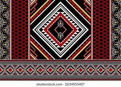 A vibrant ethnic pattern featuring geometric shapes in red, black, and white, showcasing intricate designs and cultural motifs