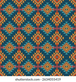 A vibrant ethnic pattern featuring geometric shapes in orange, teal, and navy blue, creating lively and dynamic visual effect