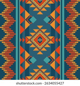 A vibrant ethnic pattern featuring geometric shapes in bold colors like orange, teal, and blue, creating striking visual impact