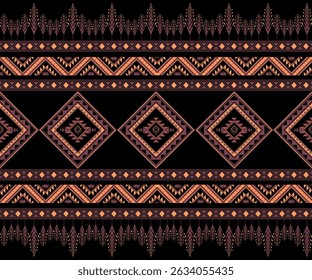 A vibrant ethnic pattern featuring geometric shapes and intricate designs warm colors against black background, evoking sense of cultural richness