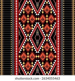 A vibrant ethnic pattern featuring geometric shapes in red, black, and gold, creating striking visual impact
