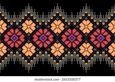 Padrão de borda de pixel étnico vibrante com âmbar quente, magenta profundo, roxo. Apresenta motivos florais geométricos. Ideal para guarnições de vestuário de inspiração tribal, sotaques decorativos, designs têxteis culturais, tecido 