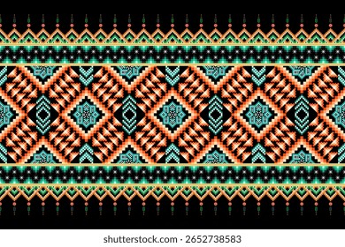 Padrão étnico vibrante em pixels, terracota em negrito, turquesa, motivos geométricos verde-limão em preto. Ideal para roupas de inspiração tribal, bordas têxteis, destaques da moda, fundos cativantes, impressão de tecido