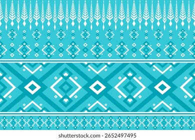 Vibrant ethnic seamless pattern on a teal background Features white and blue geometric shapes diamonds and leaf motifs suitable for textiles backgrounds and digital designs
