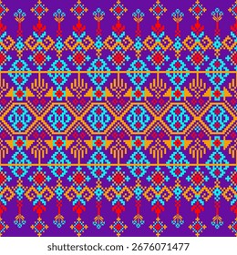 A vibrant ethnic textile pattern featuring symmetrical geometric shapes such as diamonds, crosses, and stylized floral motifs. The design is arranged in horizontal bands with bold colors like blue, 