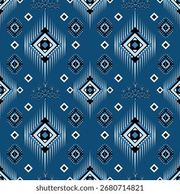 Um vibrante padrão tribal étnico sem emenda, perfeito para uma variedade de projetos criativos. Este design tradicional apresenta formas geométricas intrincadas e motivos nativos em uma impressionante paleta de cores de azul,