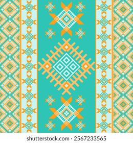 Vibrant Ethnic Turquoise Pattern in Bold Geometric Tribal Design, seamless, Aztec, Tribal, Native American, Indian, pattern design for wrapping, carpet, decorative illustration.