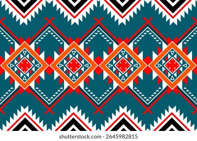 A vibrant ethnic-inspired seamless pattern combining bold teal, orange, red, and white. Perfect for textile design, boho-themed projects, and wrapping paper.
