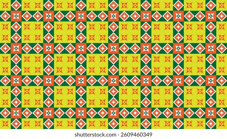 Vibrant ethnic-inspired seamless pattern with geometric motifs in yellow, orange, green, and blue. Vector background perfect for folk art themes, festive packaging, and textile designs