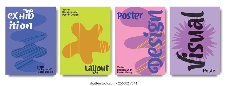 Cartaz de exposição vibrante conjunto com layouts abstratos e tipografia moderna para projetos visuais criativos. Design para celebração, anúncios, branding, banner, capa, etiqueta, cartaz