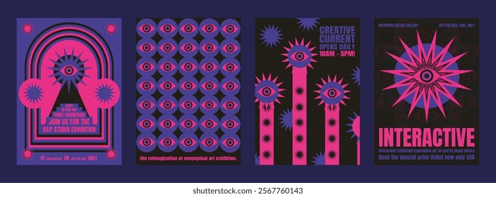 Vibrant exhibition posters with abstract eye designs. Bold colors and creative patterns, conceptual art theme. Eye-catching and interactive visuals. Psychedelic retro poster template vectors.