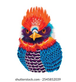 Vibrant Exotic Bird Illustration. Colorful exotic bird with detailed feathers in bright red, blue, and orange tones. Perfect for wildlife-themed designs and creative projects.