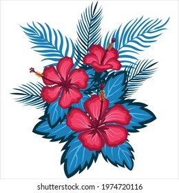 Vibrant exotic hand drawn illustration of pink hibiscus flowers and blue palm leaves