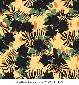 Vibrant and exotic tropical floral pattern featuring striking black hibiscus flowers and lush green leaves set against a warm, yellow background with abstract orange accents. 