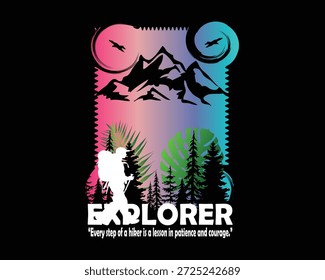 Silhueta vibrante Explorer com Montanha e Floresta Gradiente Design