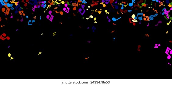 A vibrant explosion of colorful music notes scattered across a deep black background, embodying the joy and energy of music.