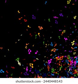 A vibrant explosion of colorful music notes scattered across a deep black background, embodying the joy and energy of music.