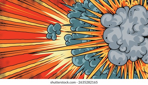 A vibrant explosion fills the background with bold colors. The artwork features gray smoke and bright orange highlights capturing the intensity of the moment in a comic book style.
