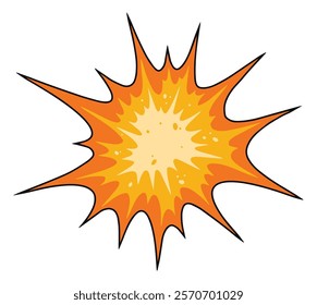 A vibrant explosion graphic features bright orange and yellow hues emanating from a central spot. The design has sharp exaggerated spikes radiating outward creating a dynamic effect.