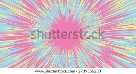 A vibrant explosion of pastel colors, including pink, yellow, blue, and green, radiates outwards from a central pink circular shape.