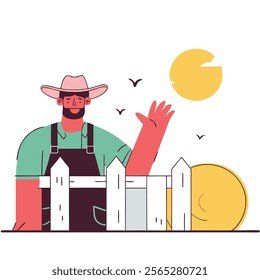 A vibrant, expressive cartoon cowboy illustration perfect for children's books, websites, or western-themed projects. Features a colorful cowboy next to a wooden fence. 