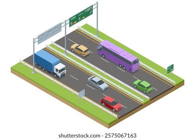 A vibrant expressway scene featuring cars, trucks, and a large purple bus. Directional and parking signs guide the traffic on a well-structured motorway. Isometric vector view. Highway, expressway