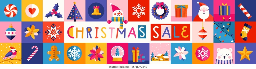 A vibrant and eye catching banner featuring a Christmas Sale message surrounded by cheerful holiday themed icons.