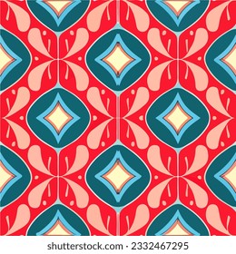 Vibrant and eye catching design on a red background, featuring a captivating blue and yellow motif. The seamless pattern lends itself well to fabric designs with a peppermint inspired charm.