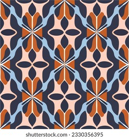 Vibrant and eye catching geometric pattern in shades of blue, red, and orange, reminiscent of the stylish art deco era, perfect for a repeating fabric pattern.