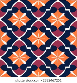 Vibrant and eye catching, this repeating fabric pattern showcases a playful combination of orange, blue, and red geometric shapes. perfect choice for a modern and dynamic look.