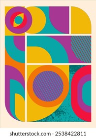 A vibrant and eye-catching abstract art piece featuring retro-inspired geometric shapes in bold colors. Perfect for adding a touch of vintage style to any design project