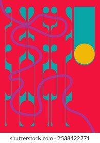 A vibrant and eye-catching abstract composition featuring organic shapes and flowing lines set against a bold red background. Perfect for modern and contemporary design projects