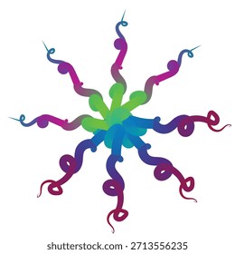 Un Diseño gráfico abstracto vibrante y llamativo con un patrón radial complejo. La forma central en forma de flor o estelada se transforma en ocho brazos ondulados, en forma de tentáculo.