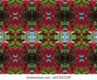 A vibrant and eye-catching abstract pattern created from the rich red leaves of Miana (Coleus scutellarioides) or Iler plants. The symmetrical arrangement of the foliage, interspersed with hints