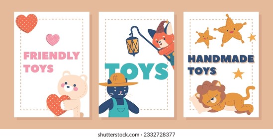 Vibrant And Eye-catching Banners Adorned With Adorable Handmade Plush Toys Teddy Bear, Cat, Lion And Fox