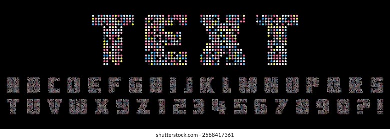 Vibrant and eye-catching dotted alphabet. Ideal for creating unique and visually appealing designs. Bold trendy dotted alphabet made of multi-colored dots.