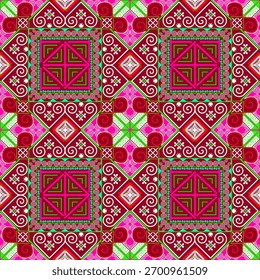Um vetor de padrão contínuo geométrico vibrante e atraente inspirado por bordados tribais tradicionais, perfeito para impressão de tecido, moda contemporânea, decoração de casa (como papel de parede), 