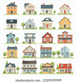 Vibrant and eye-catching house front icon collection, offering a variety of cottage designs and residential houses suitable for different uses.